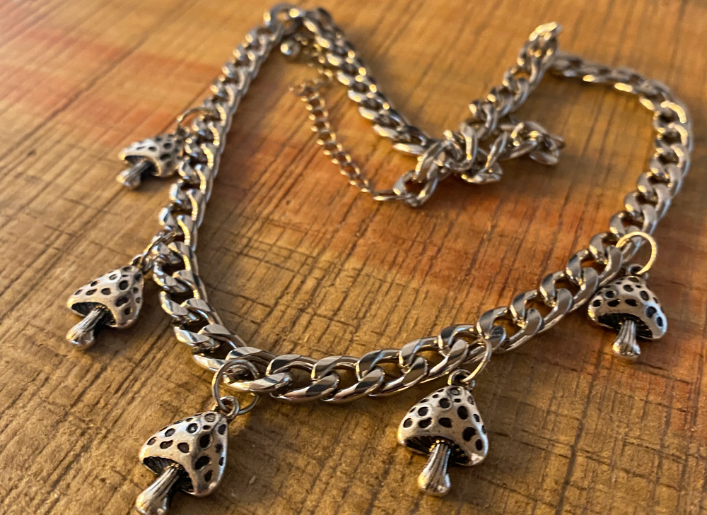 Silver Chain Cuban Link Mushroom Necklace